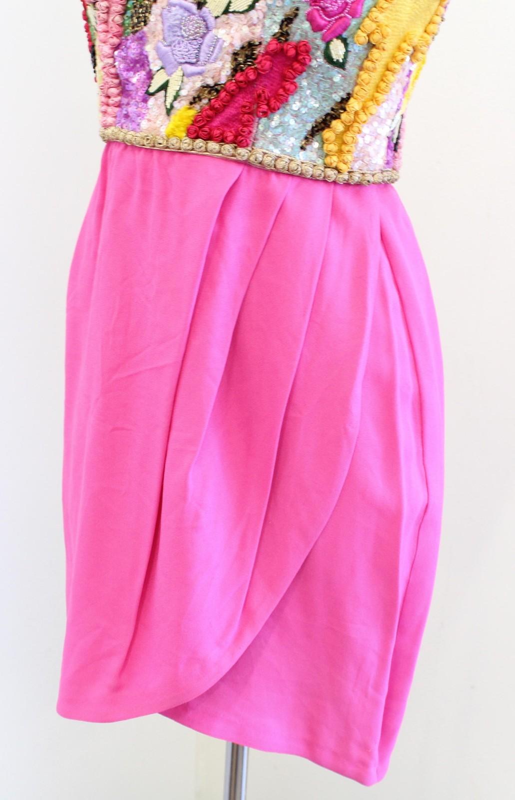 Vtg 80s Richilene Dress Sz 8 XS S Pink Floral Beaded Sequin Mini Party Cocktail