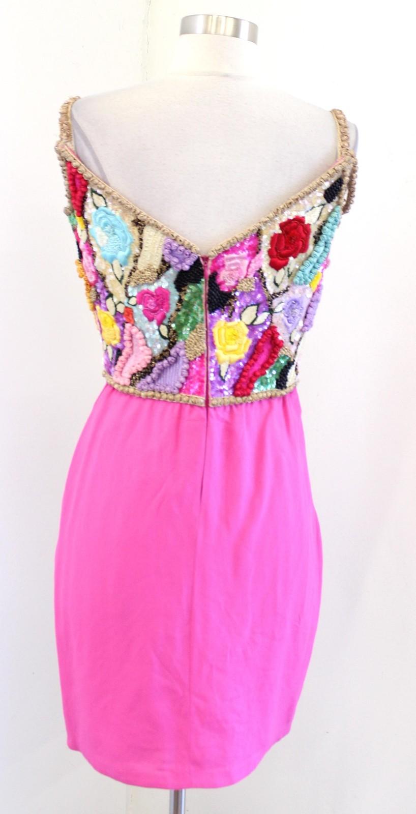 Vtg 80s Richilene Dress Sz 8 XS S Pink Floral Beaded Sequin Mini Party Cocktail