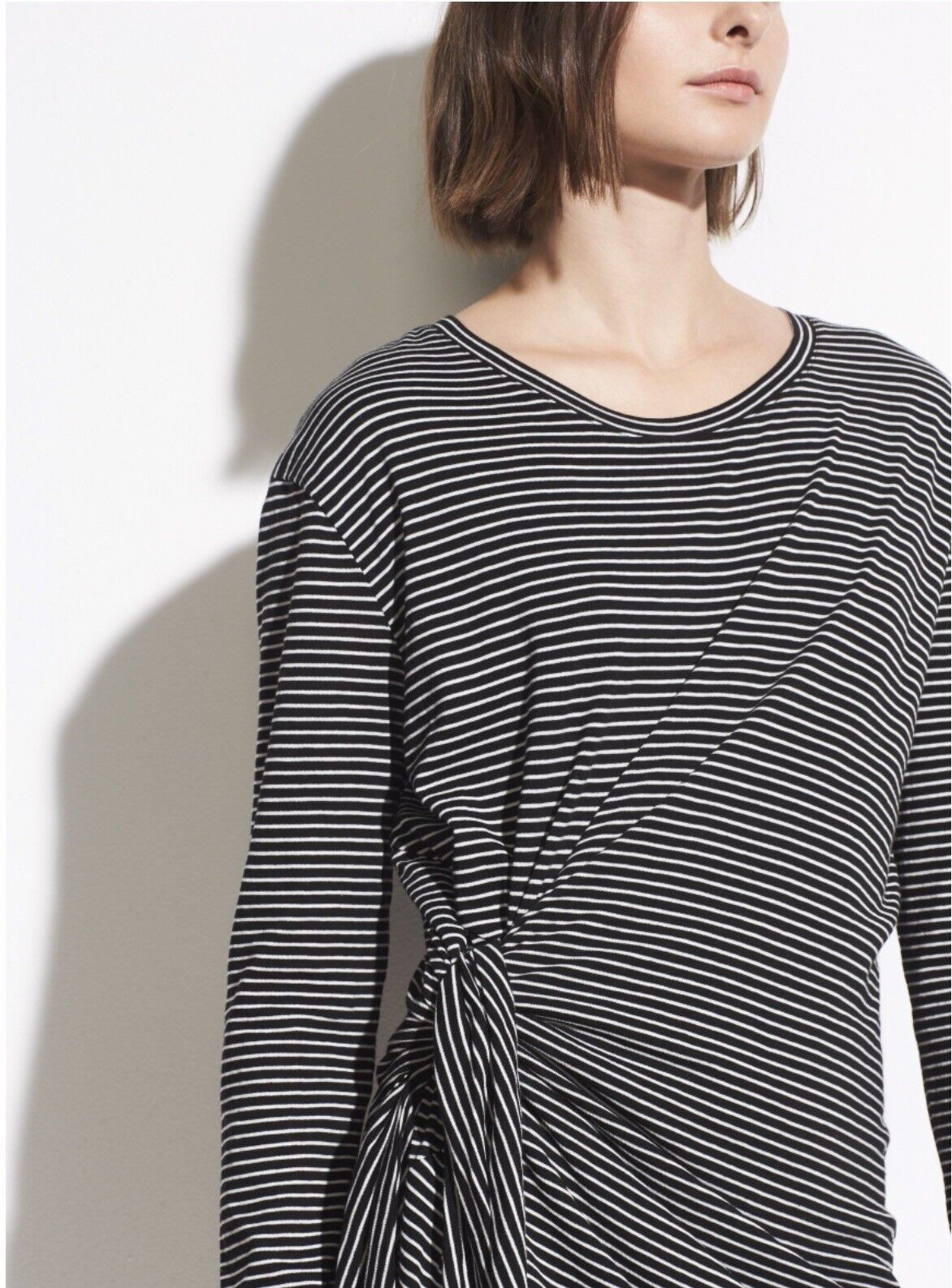 NWT Vince Black White Striped Side Tie Long Sleeve T Shirt Tee Dress Size S Knit