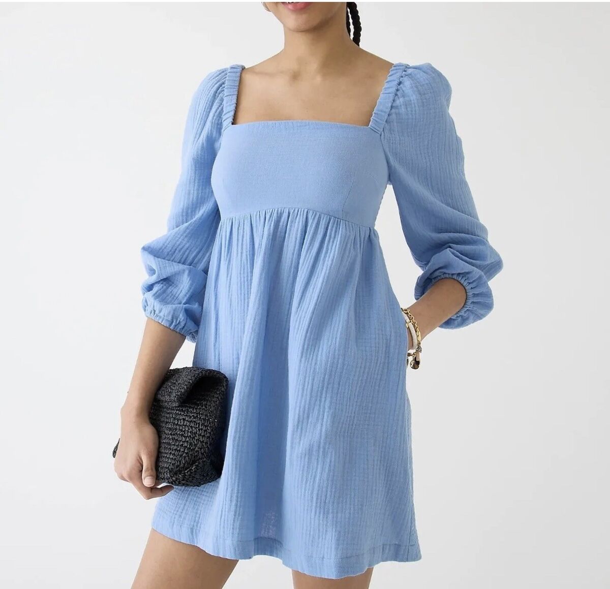 NWT J Crew Square Neck Mini Dress in Soft Gauze Size XS Green Babydoll Casual