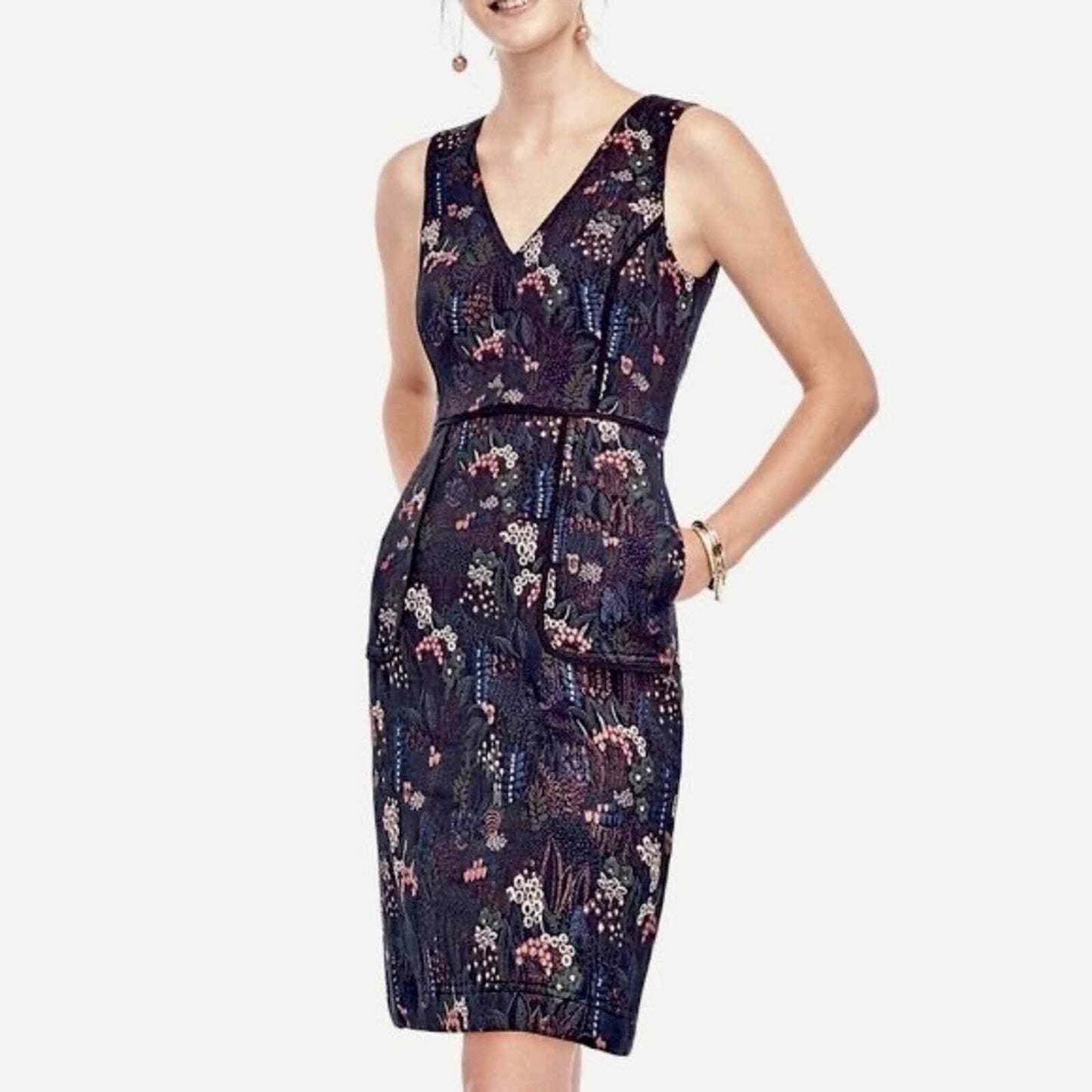 Ann Taylor Navy Blue Metallic Floral V Neck Sheath Dress Size 0 Sleeveless