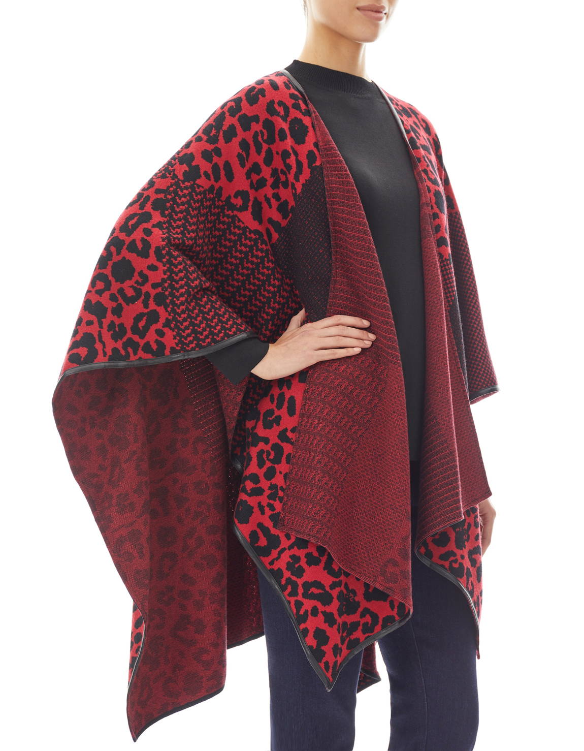 NWT Ming Wang Red Black Leopard Print Knit Hope Wrap Ruana Sweater One Size S M