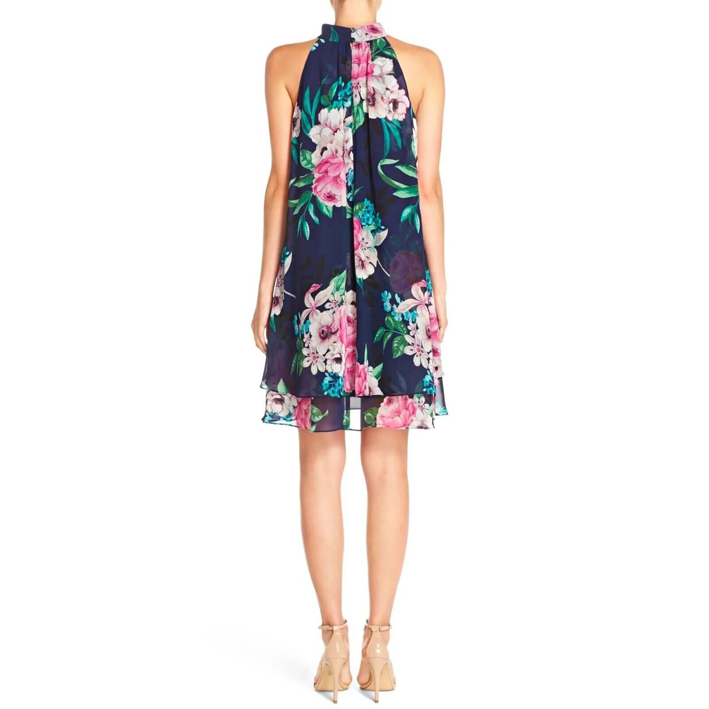 Eliza J Navy Blue Floral Halter Swing Trapeze Shift Dress Size 12 Flutter Hem