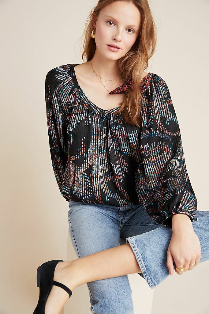 Maeve Anthropologie Madeira Black Paisley Print Burnout Satin Top Blouse Size XS