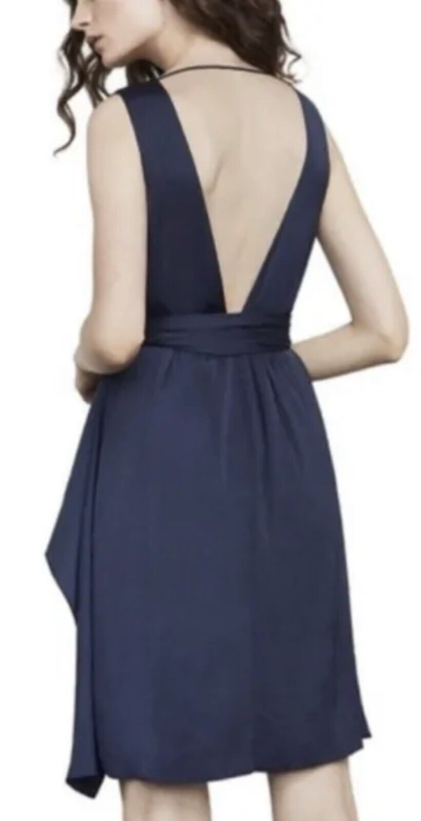 NWT BCBG Max Azria Navy Blue Ruffle Tie Waist V Neck Open Back Dress Size 4