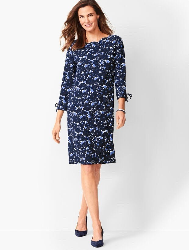 New Talbots Blue Floral Crepe Scalloped Neckline Bow Trim Shift Dress Sz 12 NWOT