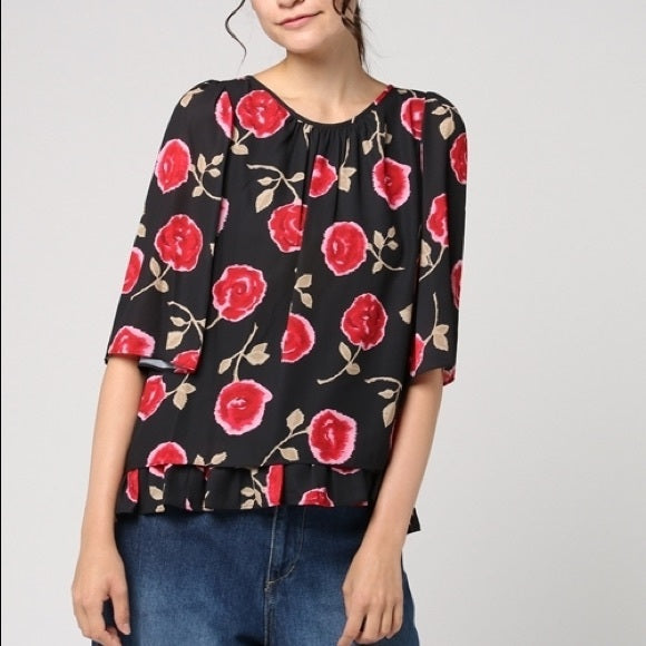 Kate Spade Hazy Rose Floral Double Layer Ruffle Top Blouse Size S Black Red