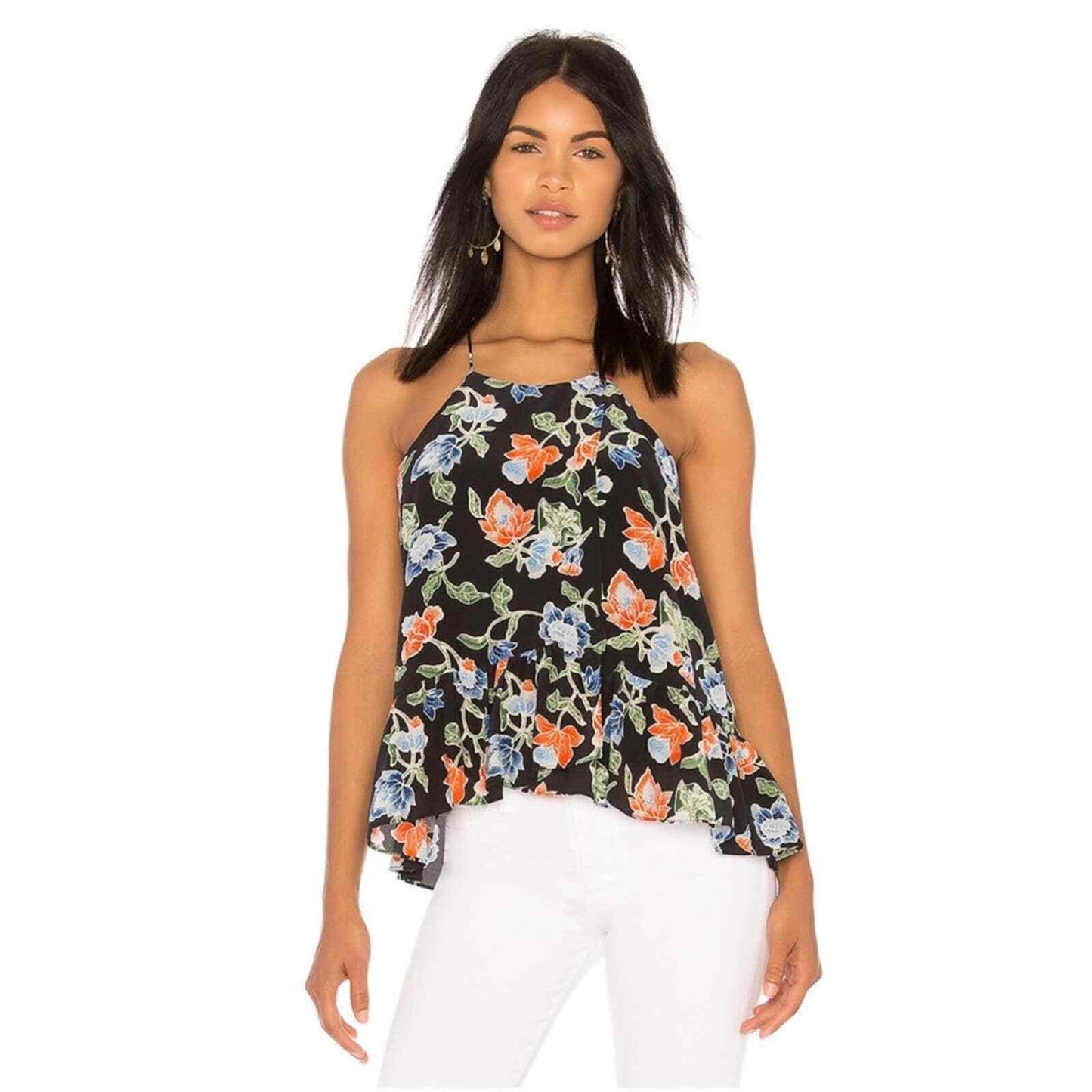 Joie Derwen Black Floral Silk Ruffle Cami Tank Top Blouse Size XS Blue Green