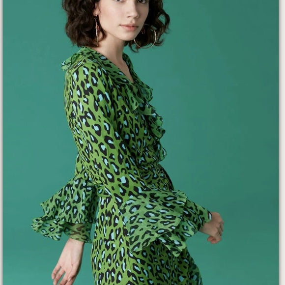 Diane Von Furstenberg Green Blue Leopard Print Ruffle Silk Wrap Dress Size 2