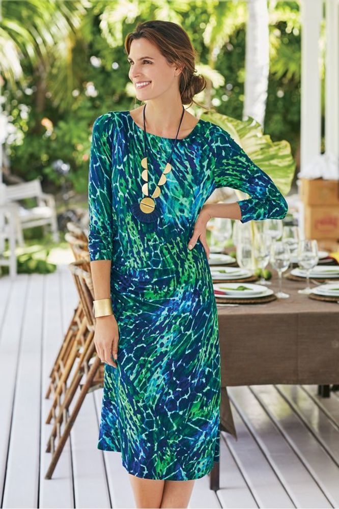 Soft Surroundings Blue Green Abstract Animal Print Knit Ruched Midi Dress Size S