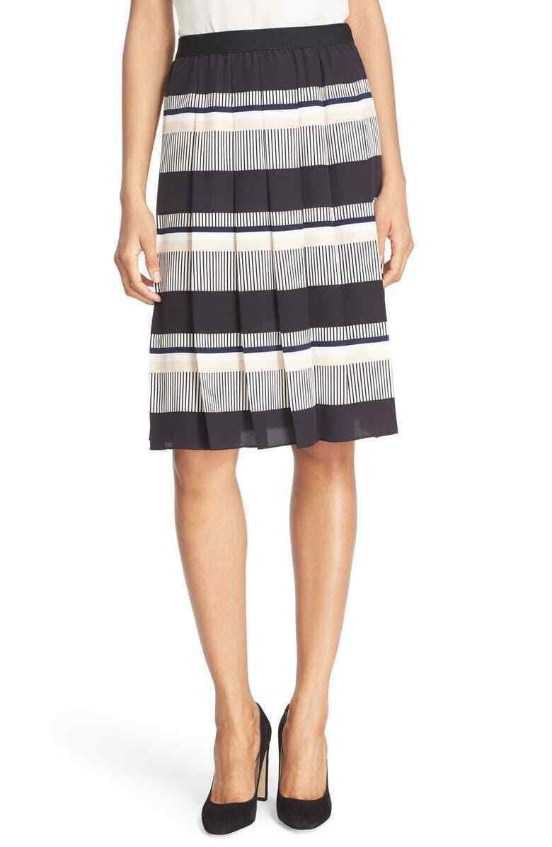 Kate Spade Bay Stripe Silk Pleated Skirt Size L Black Navy Blue Peach White