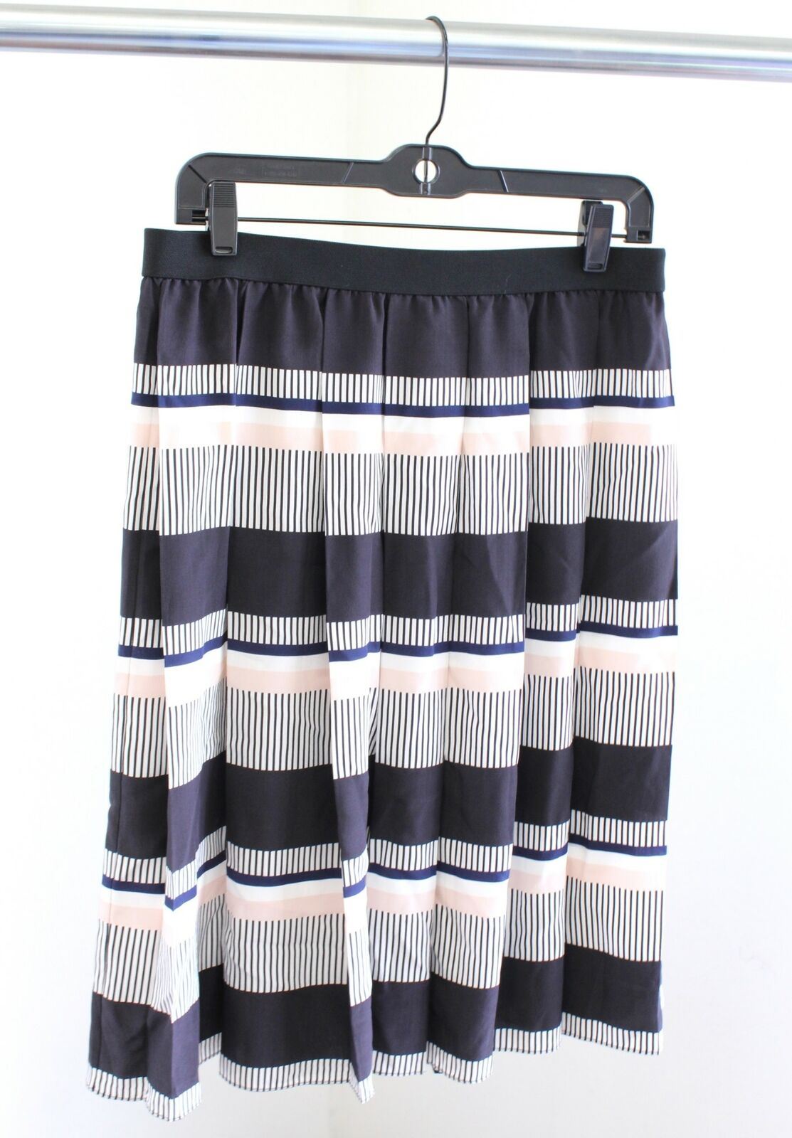 Kate Spade Bay Stripe Silk Pleated Skirt Size L Black Navy Blue Peach White