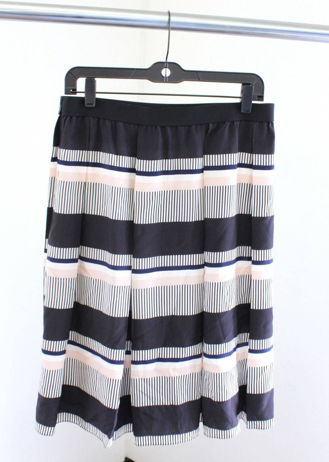 Kate Spade Bay Stripe Silk Pleated Skirt Size L Black Navy Blue Peach White