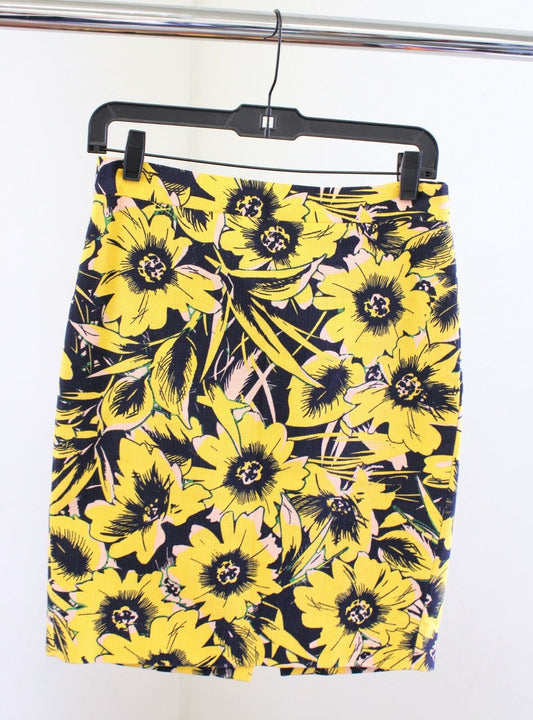 J Crew Factory Basketweave Floral Printed Pencil Skirt Size 0 Yellow Navy