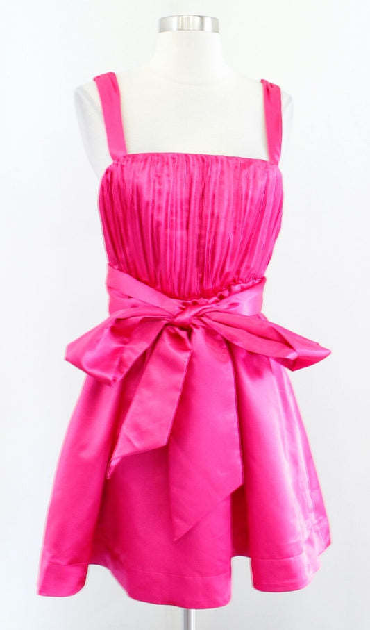 Maeve Anthropologie Hot Pink Satin Tie Bow Waist Fit and Flare Party Dress Sz 2