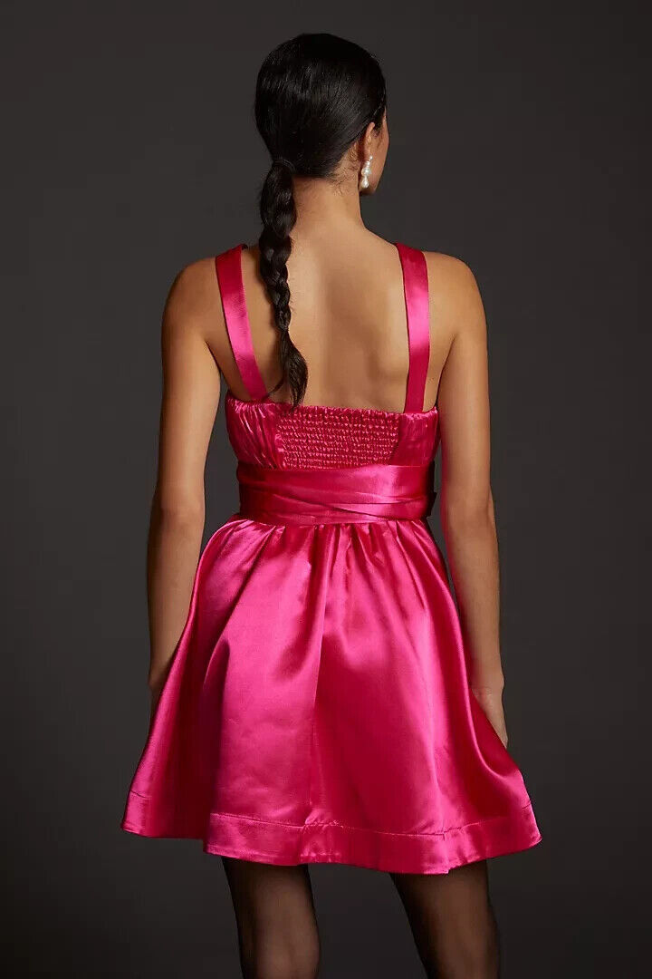 Maeve Anthropologie Hot Pink Satin Tie Bow Waist Fit and Flare Party Dress Sz 2