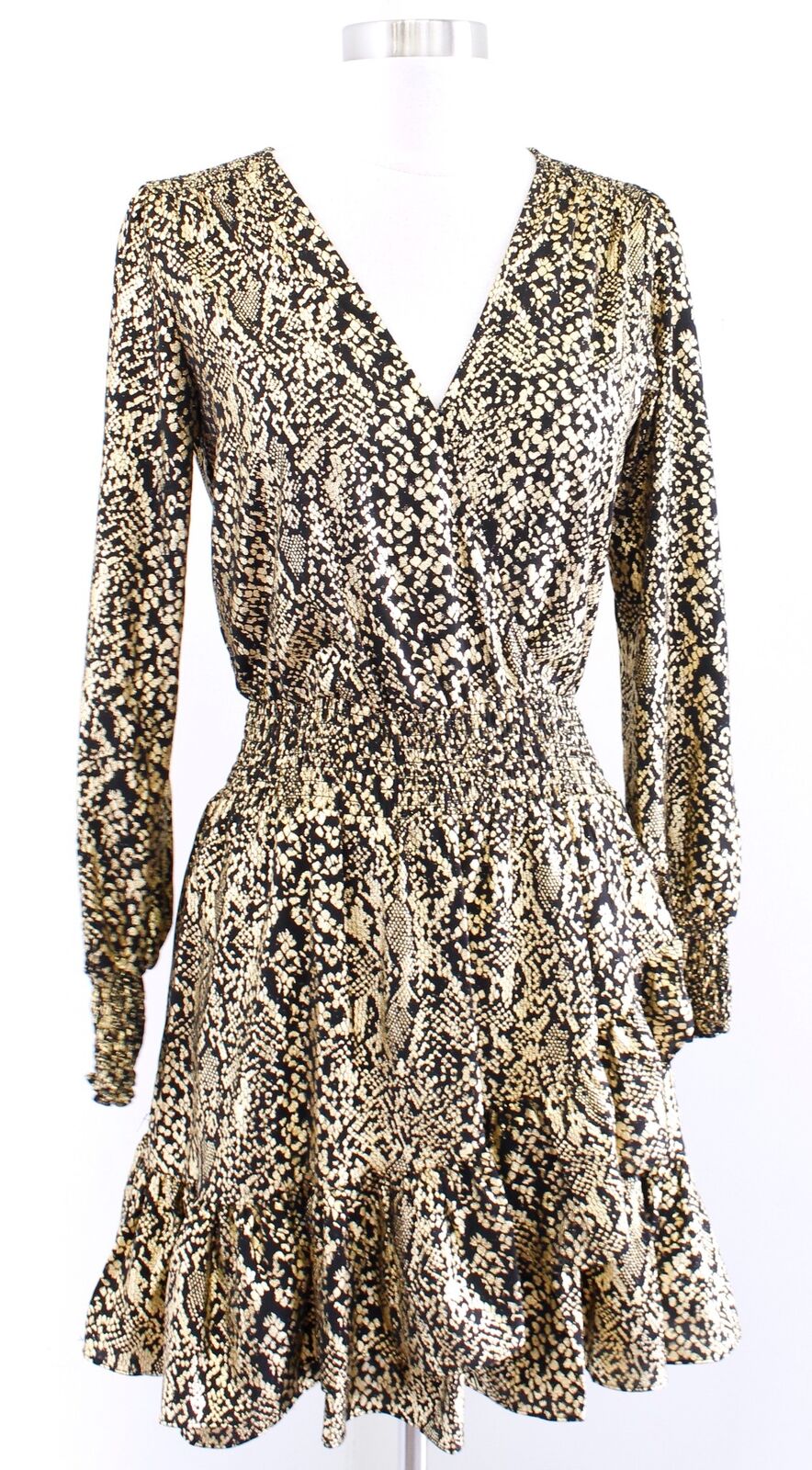 Michael Kors Black Gold Snakeskin Print Smocked Surplice Flounce Dress Size XS