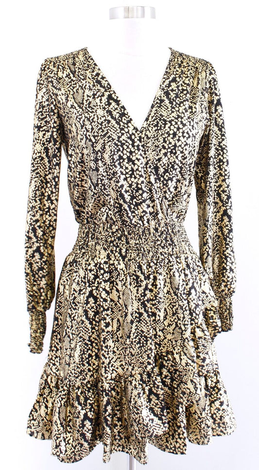 Michael Kors Black Gold Snakeskin Print Smocked Surplice Flounce Dress Size XS