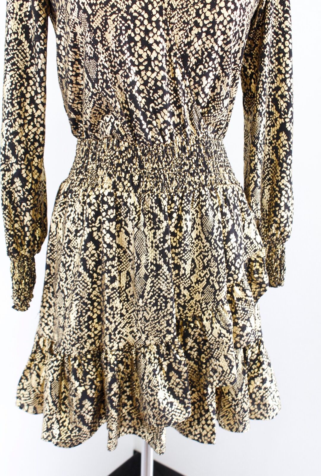 Michael Kors Black Gold Snakeskin Print Smocked Surplice Flounce Dress Size XS