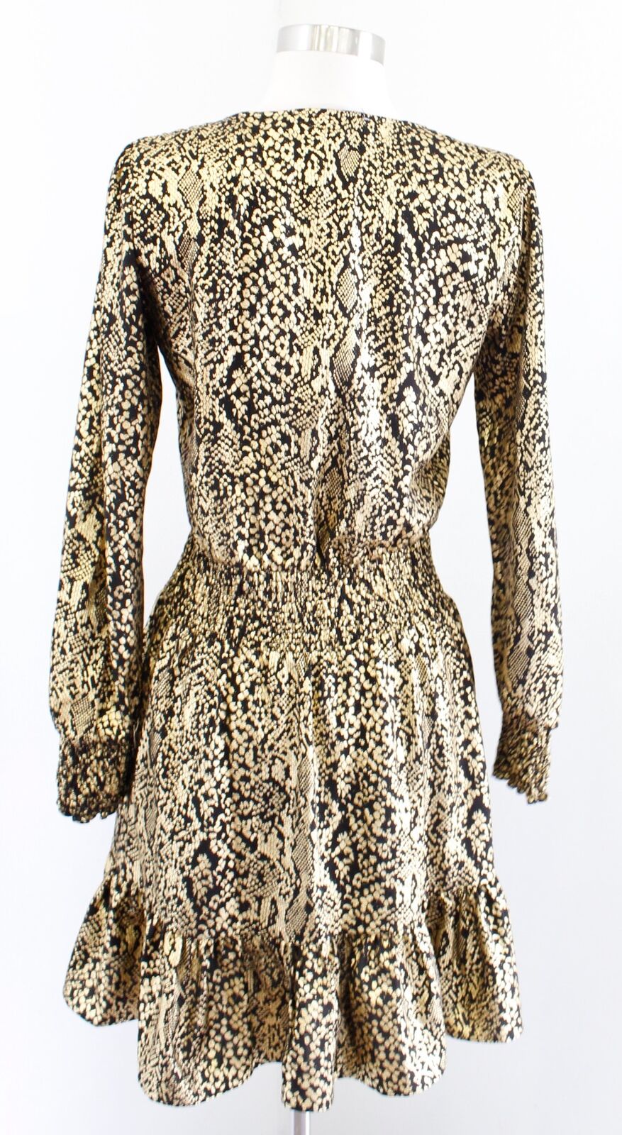 Michael Kors Black Gold Snakeskin Print Smocked Surplice Flounce Dress Size XS