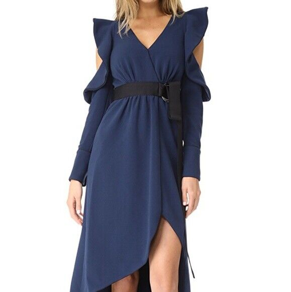 NWT Gracia Navy Blue Black Ruffle Faux Wrap Hi Lo Open Sleeve Back Dress Size S