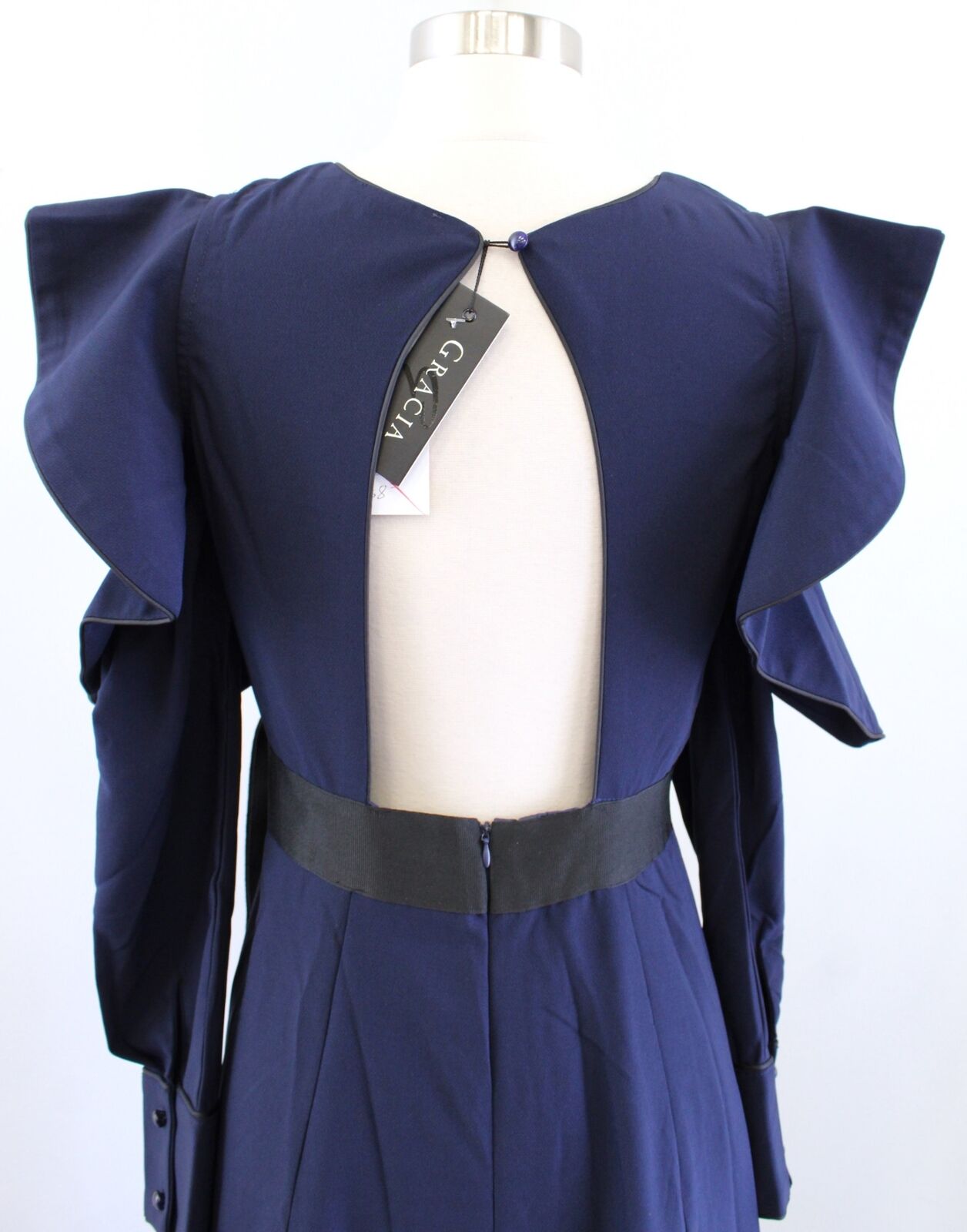 NWT Gracia Navy Blue Black Ruffle Faux Wrap Hi Lo Open Sleeve Back Dress Size S