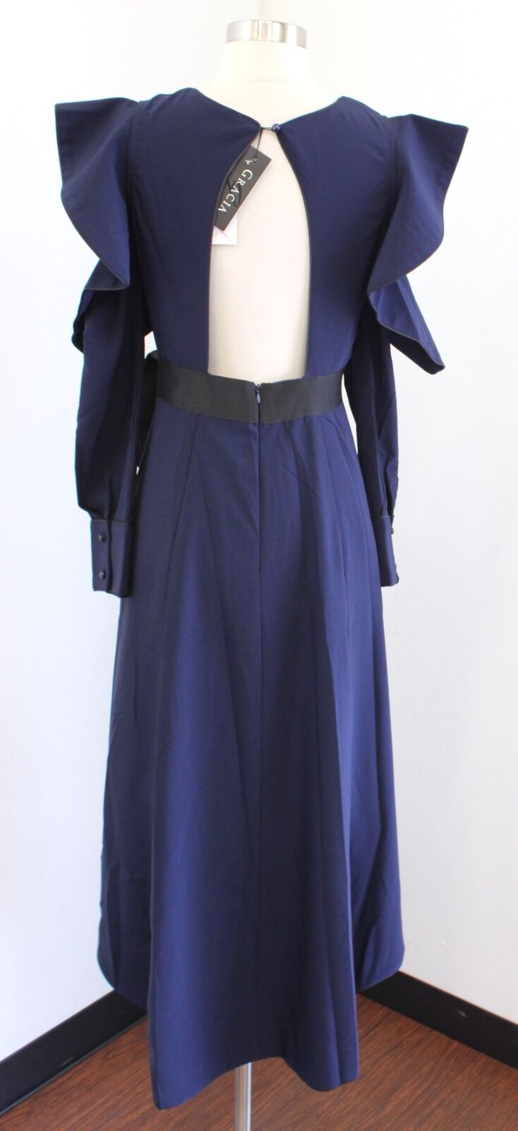 NWT Gracia Navy Blue Black Ruffle Faux Wrap Hi Lo Open Sleeve Back Dress Size S