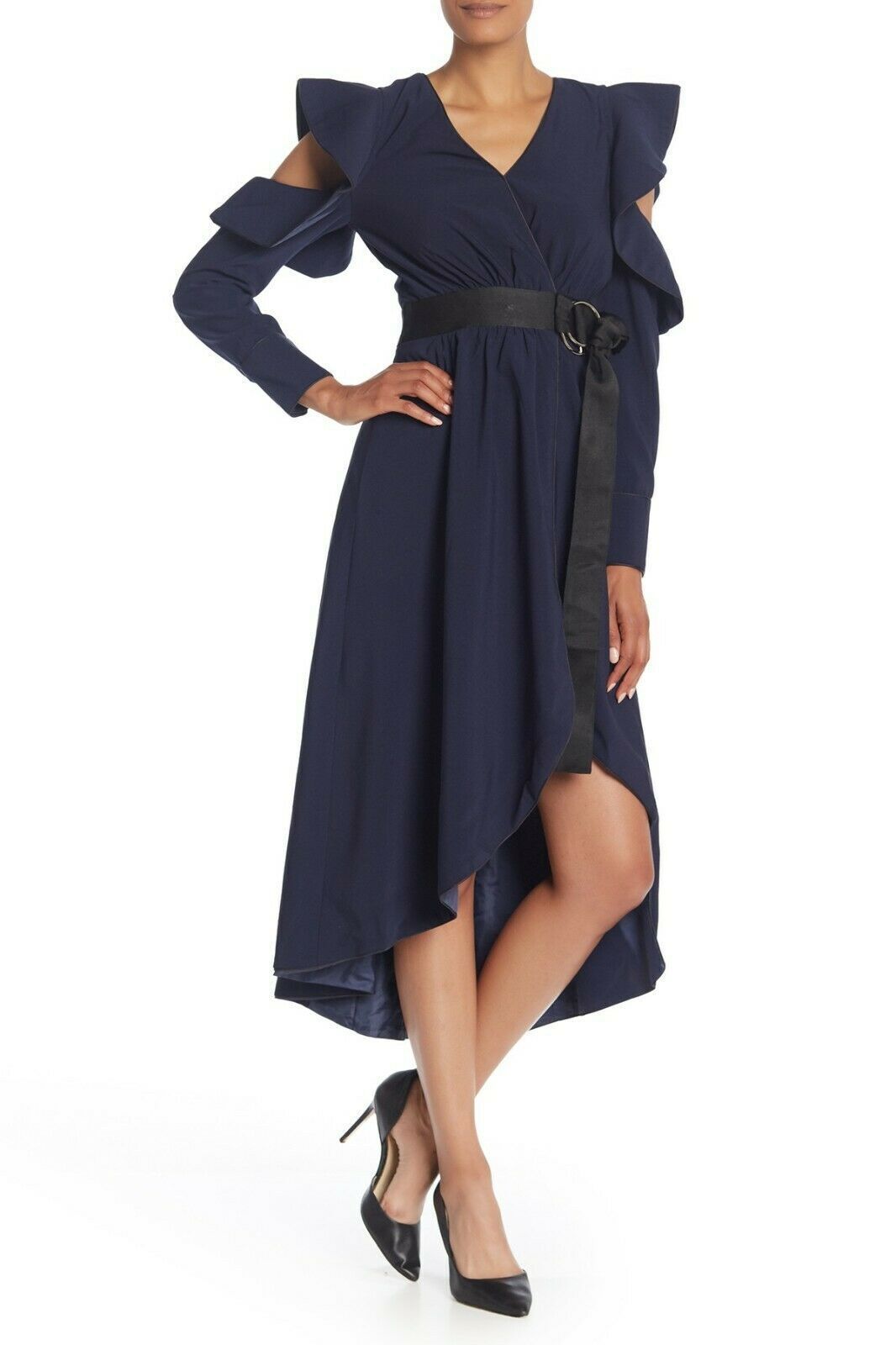 NWT Gracia Navy Blue Black Ruffle Faux Wrap Hi Lo Open Sleeve Back Dress Size S