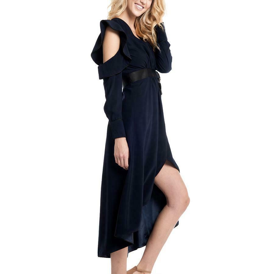 NWT Gracia Navy Blue Black Ruffle Faux Wrap Hi Lo Open Sleeve Back Dress Size S