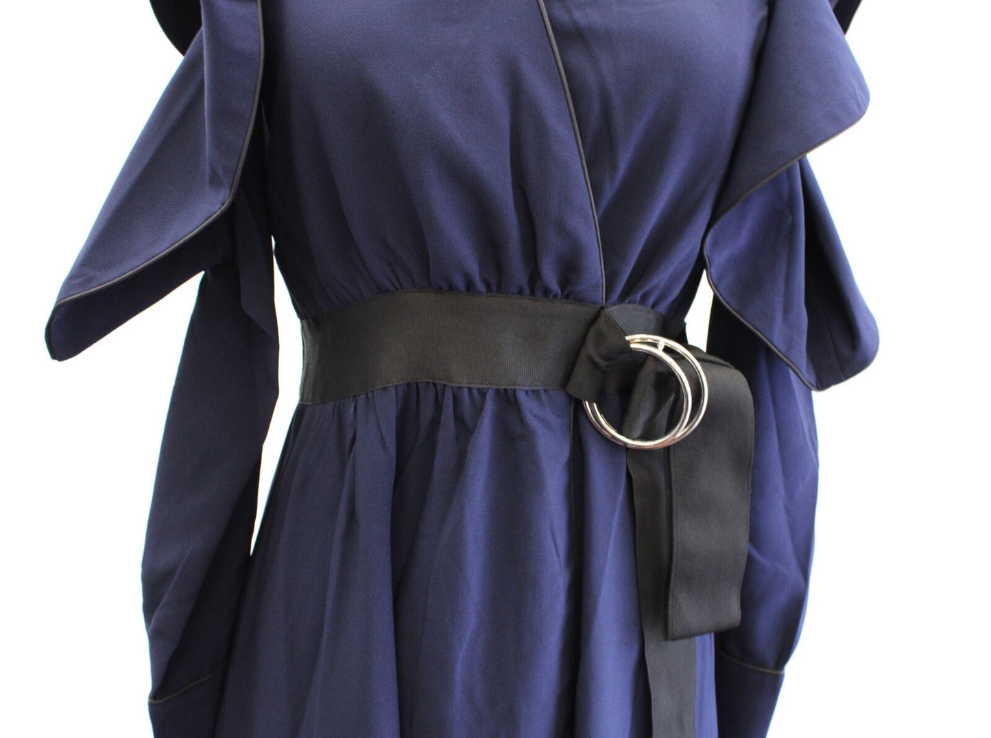 NWT Gracia Navy Blue Black Ruffle Faux Wrap Hi Lo Open Sleeve Back Dress Size S