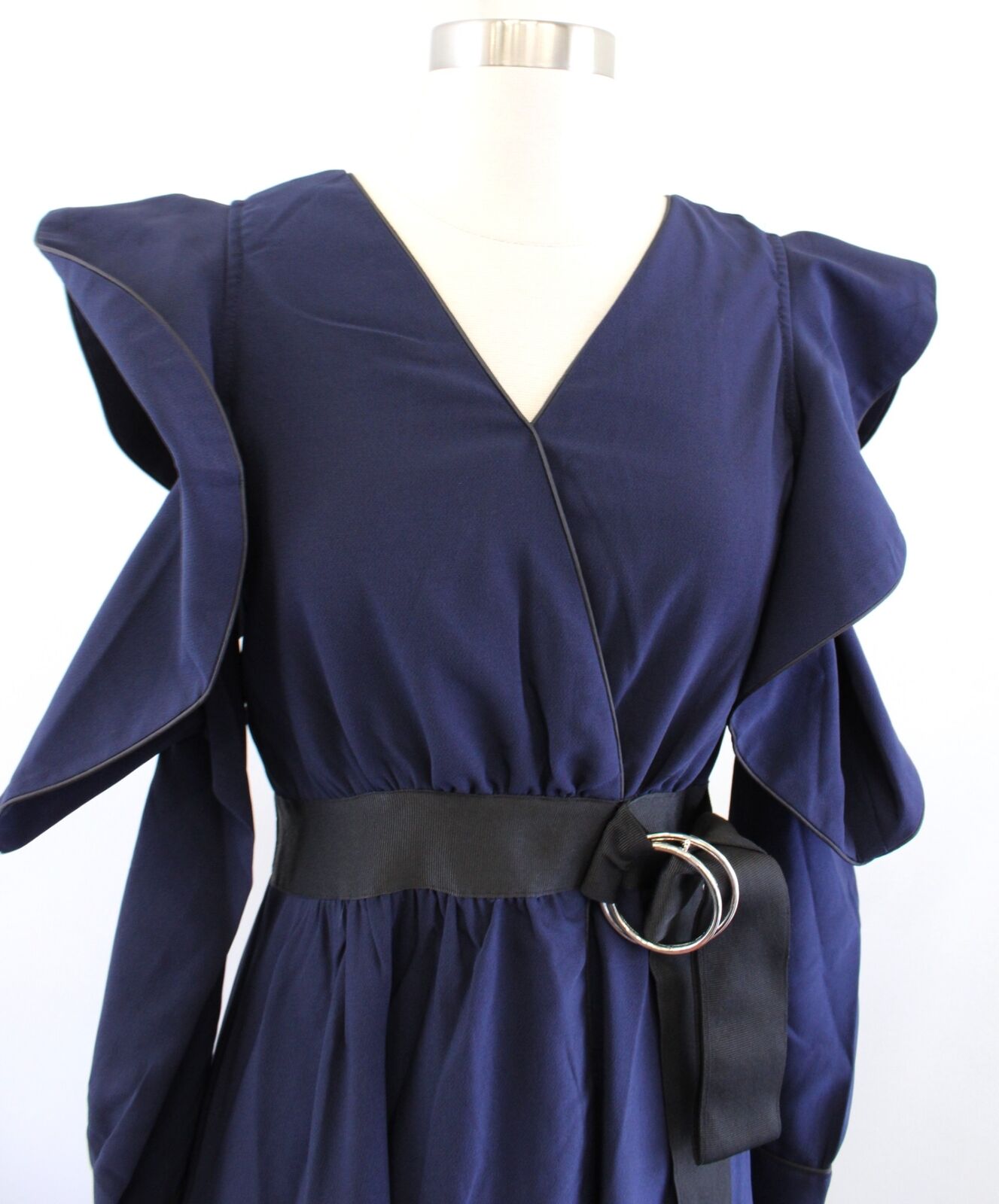 NWT Gracia Navy Blue Black Ruffle Faux Wrap Hi Lo Open Sleeve Back Dress Size S