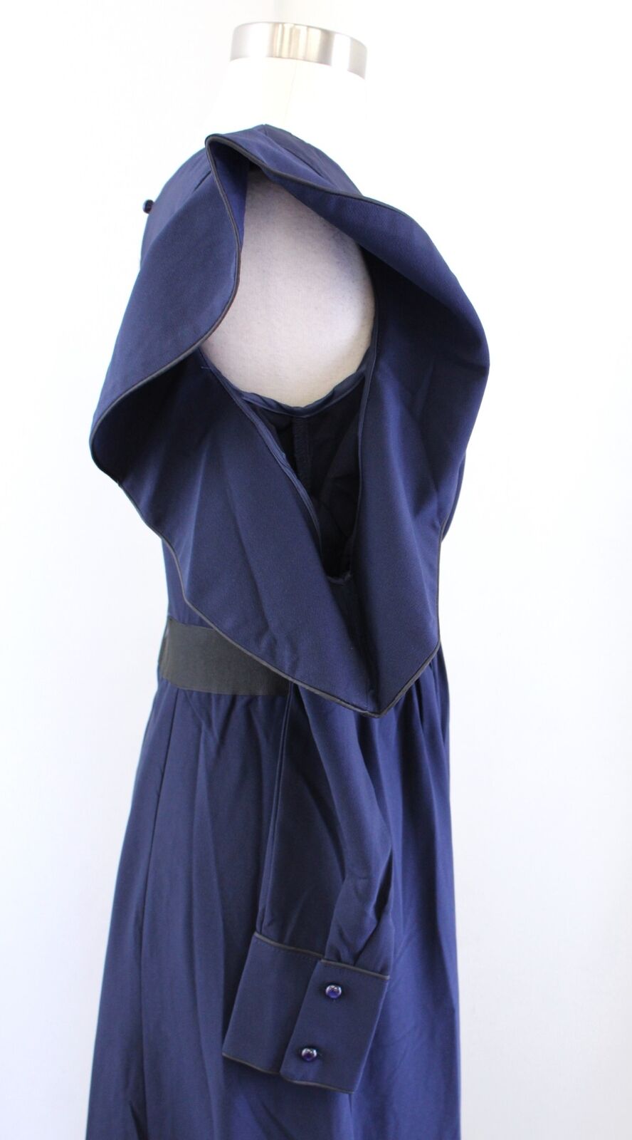 NWT Gracia Navy Blue Black Ruffle Faux Wrap Hi Lo Open Sleeve Back Dress Size S