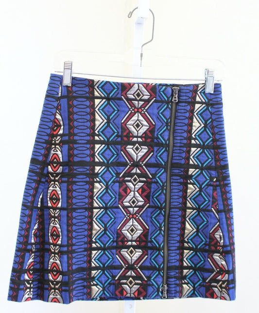 J Crew Zipper Front Windowpane Jacquard Geometric Print Skirt Size 0 Blue Silver