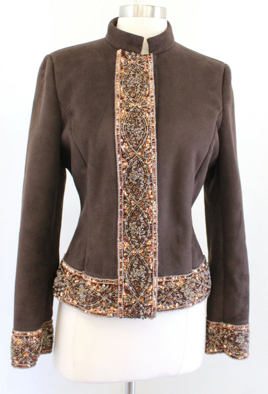 St John Coats Brown Faux Suede Beaded Embellished Jacket Size XS Bronze Gold