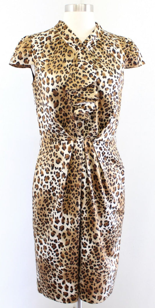 Tahari ASL Levine Spotted Leopard Print Ruffle Neck Cap Sleeve Sheath Dress Sz 4