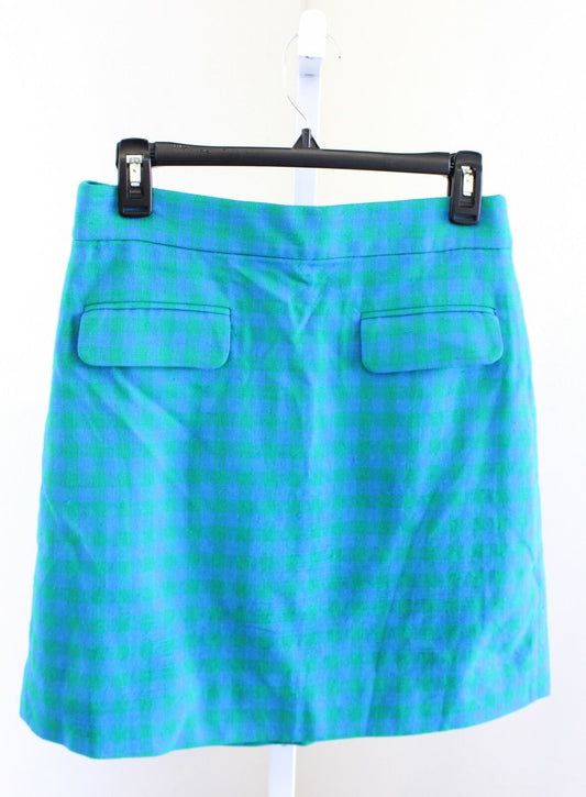 J Crew Blue Green Gingham Plaid Textured Flap Pocket Skirt Size 2