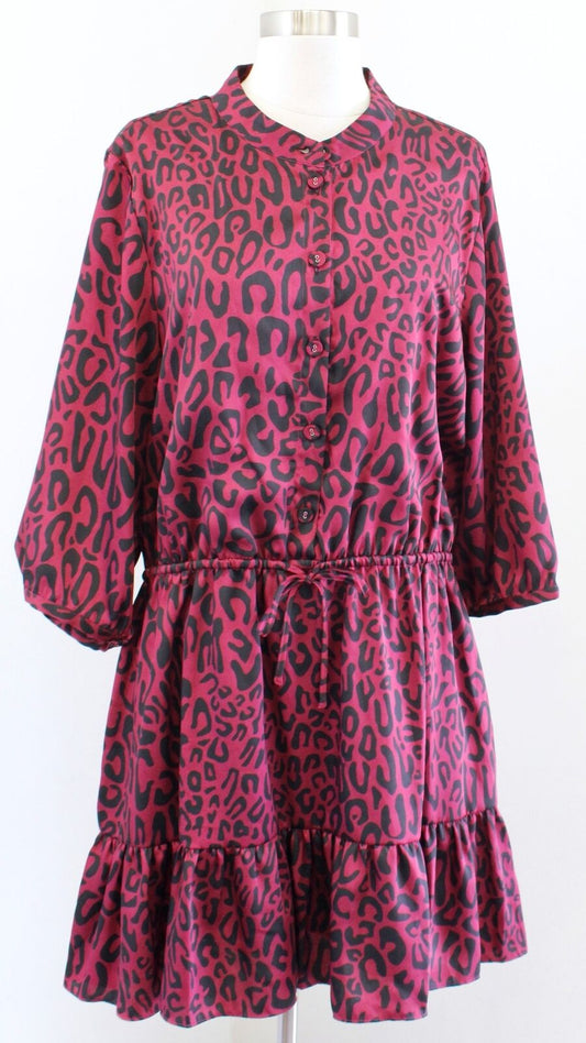 Rebecca Minkoff Burgundy Leopard Print Shirt Dress Size XXL Flounce Hem Cheetah