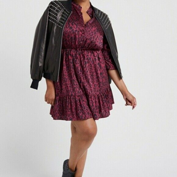 Rebecca Minkoff Burgundy Leopard Print Shirt Dress Size XXL Flounce Hem Cheetah