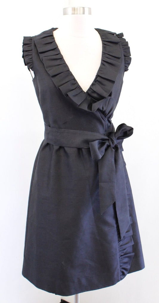 NWT $375 Kate Spade Black Silk Blend Aubrey Ruffle Trim Wrap Tie Dress Size 2