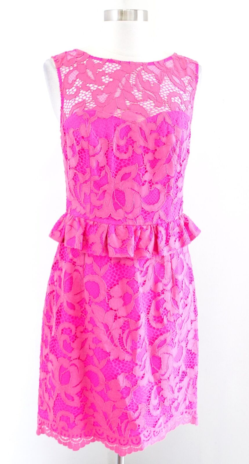 Lilly Pulitzer Kiri Mambo Pink Lace Peplum Sheath Dress size 4 Open Back