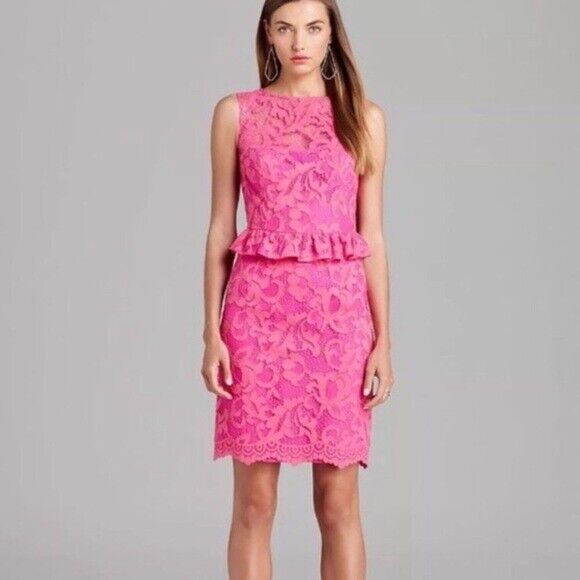 Lilly Pulitzer Kiri Mambo Pink Lace Peplum Sheath Dress size 4 Open Back