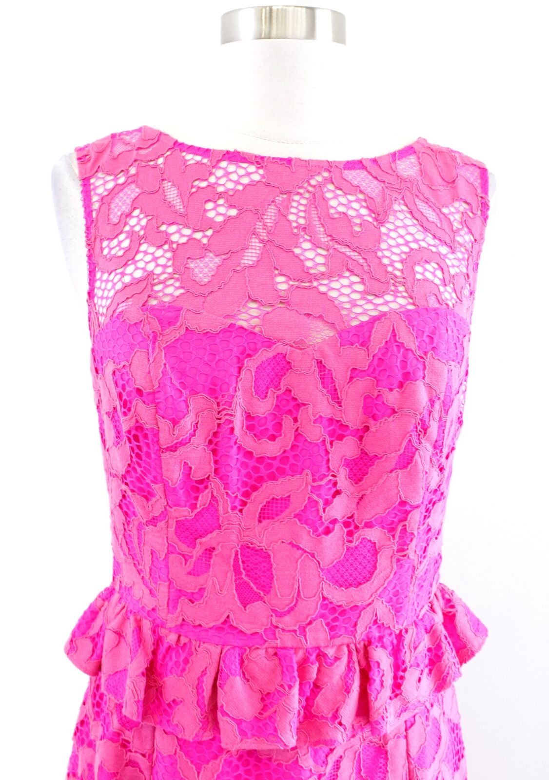 Lilly Pulitzer Kiri Mambo Pink Lace Peplum Sheath Dress size 4 Open Back