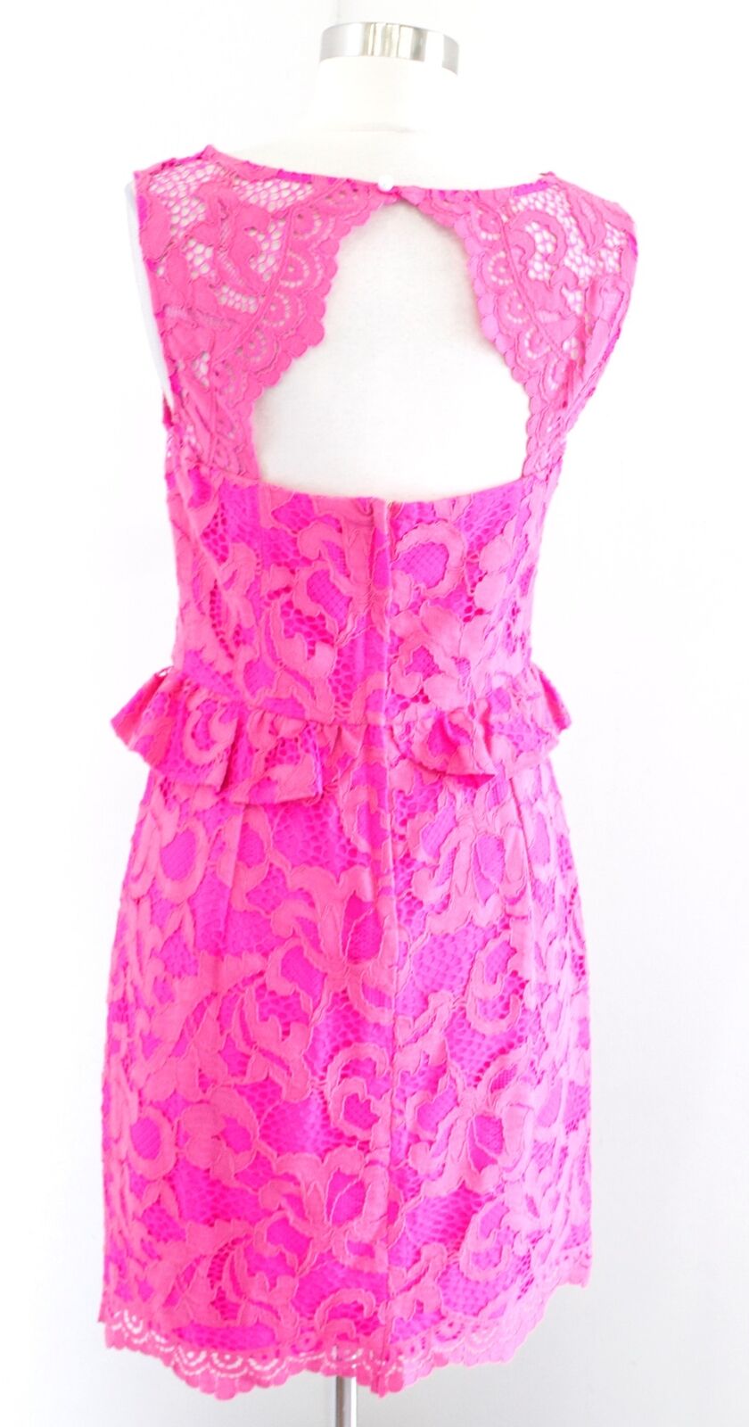 Lilly Pulitzer Kiri Mambo Pink Lace Peplum Sheath Dress size 4 Open Back