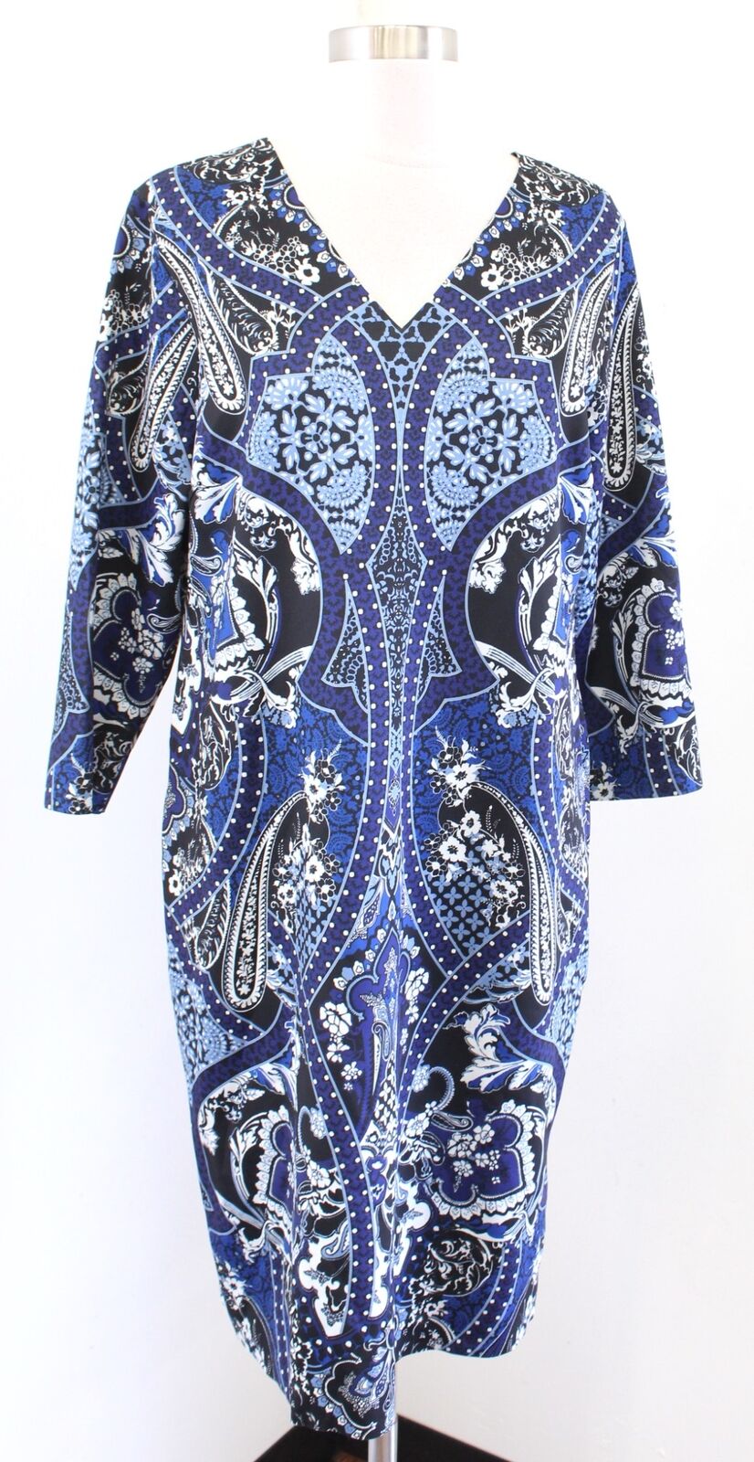 NWT Chicos Blue Black Gray Paisley Print 3/4 Sleeve Dress Size 2 Reversible