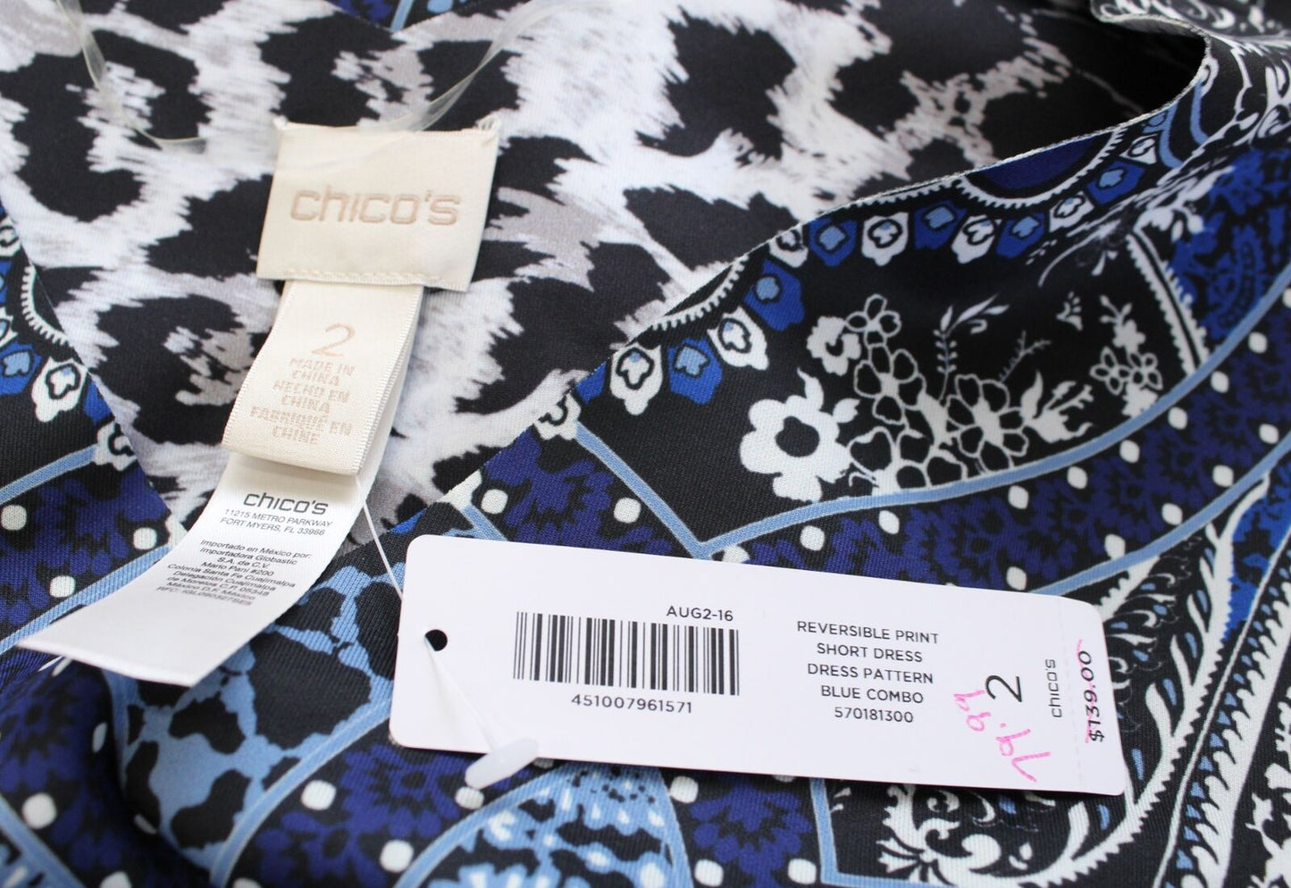 NWT Chicos Blue Black Gray Paisley Print 3/4 Sleeve Dress Size 2 Reversible