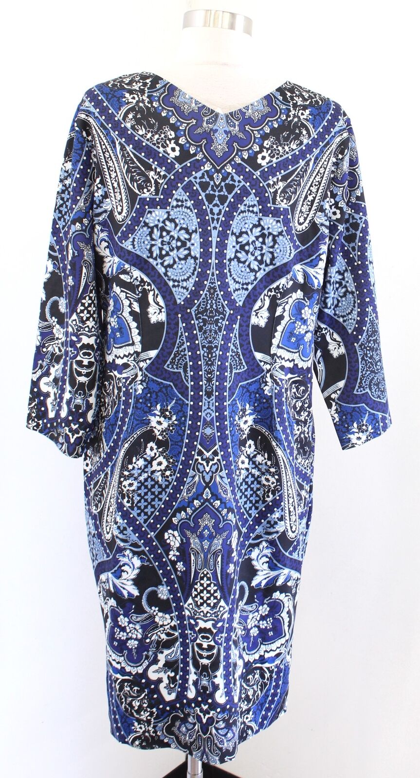 NWT Chicos Blue Black Gray Paisley Print 3/4 Sleeve Dress Size 2 Reversible