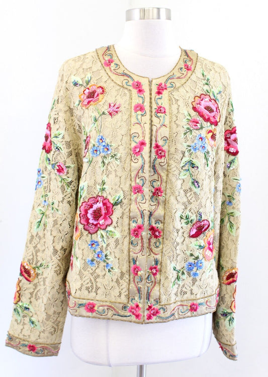 Vtg 2000s Gold - Tan Ornate Floral Embroidered Lace Sequin Jacket Size 16 L / XL