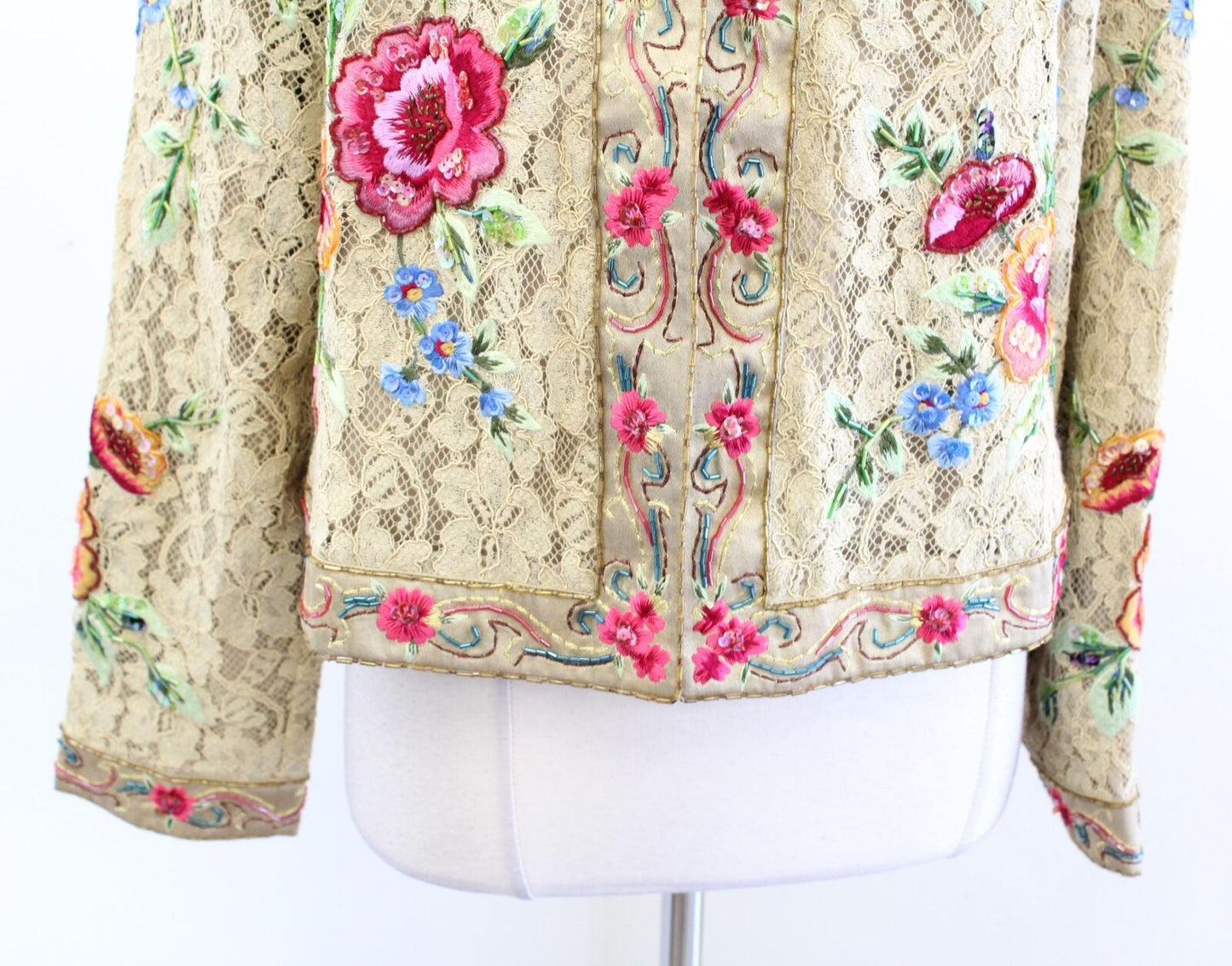 Vtg 2000s Gold - Tan Ornate Floral Embroidered Lace Sequin Jacket Size 16 L / XL