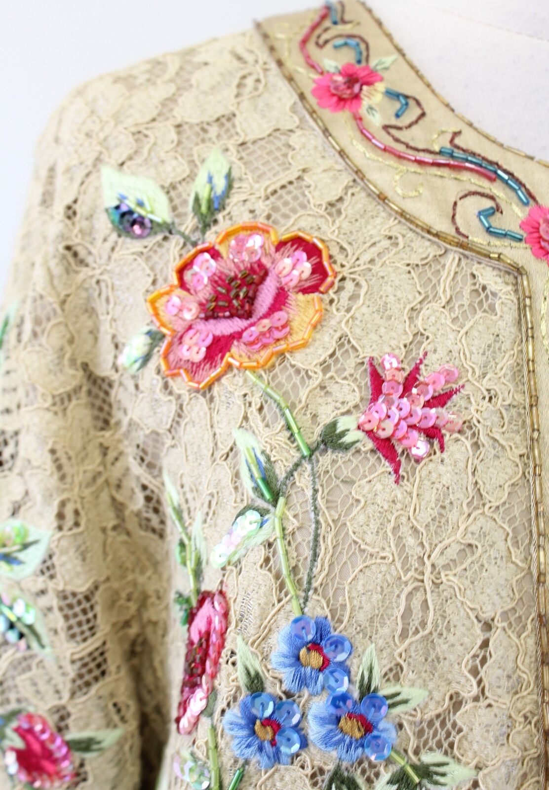 Vtg 2000s Gold - Tan Ornate Floral Embroidered Lace Sequin Jacket Size 16 L / XL