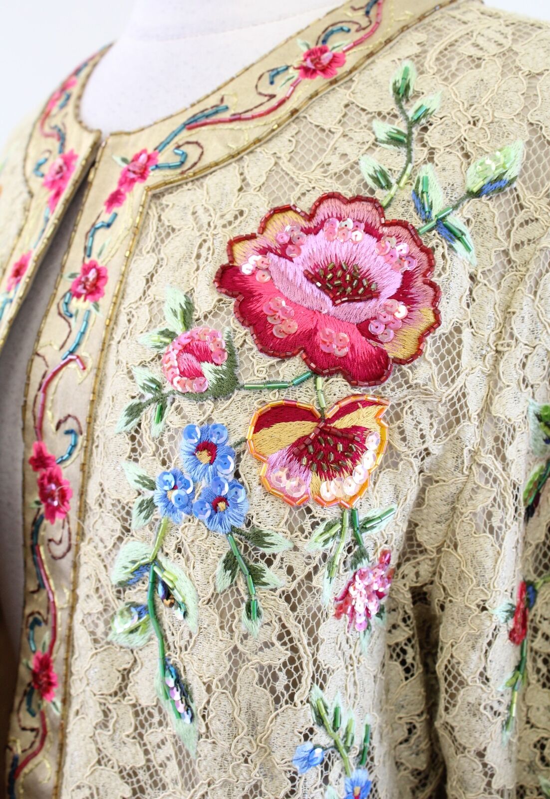 Vtg 2000s Gold - Tan Ornate Floral Embroidered Lace Sequin Jacket Size 16 L / XL